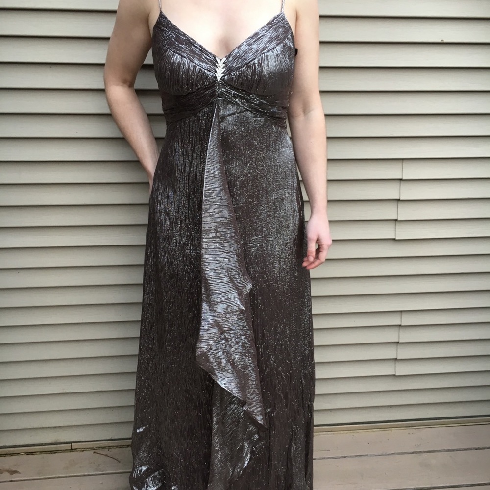 EUC Carabella Platinum silver flowy gown dress